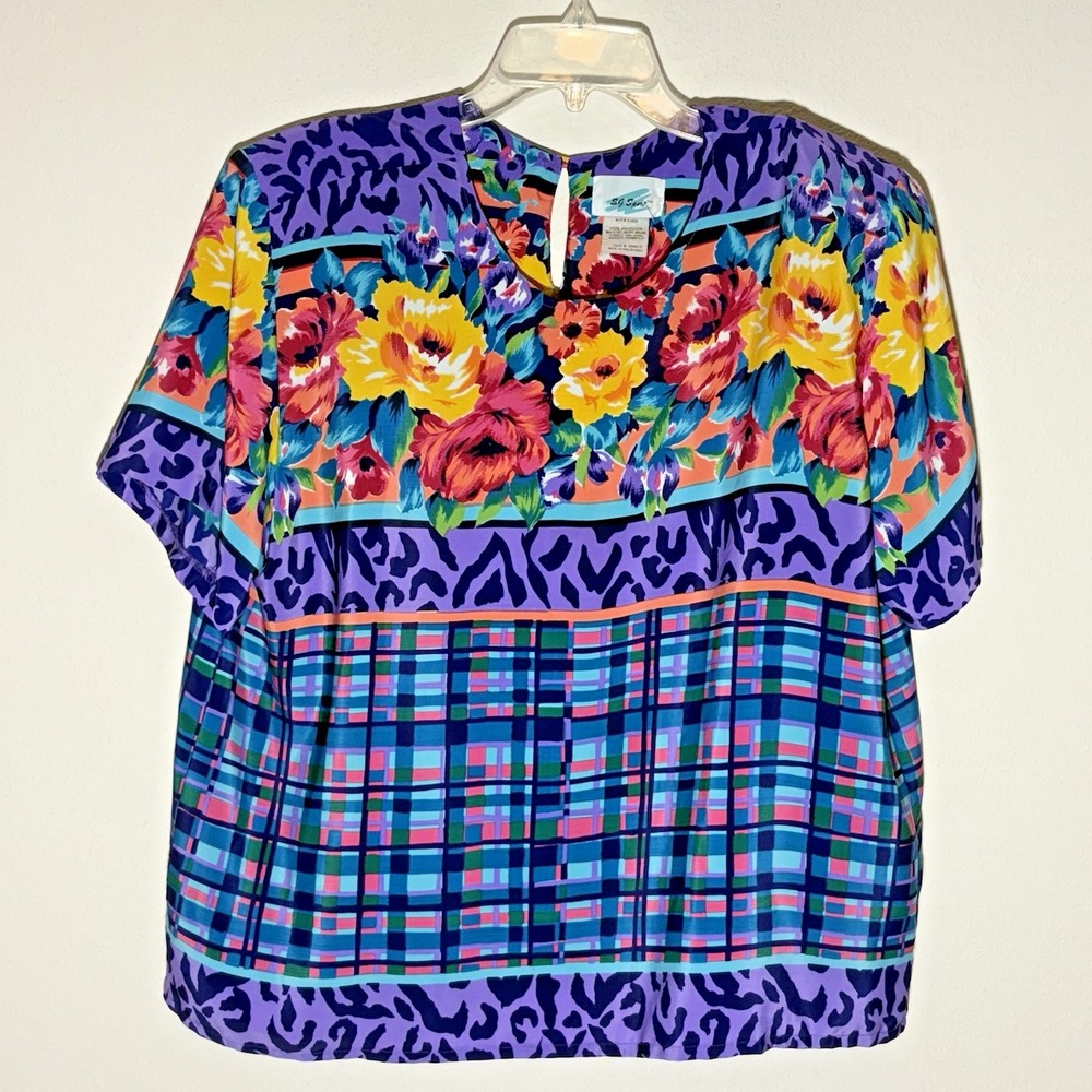 SG Sport Shirt Womens 2xL  Floral and Plaid‎ Short Sleeve Pullover Vintage Top